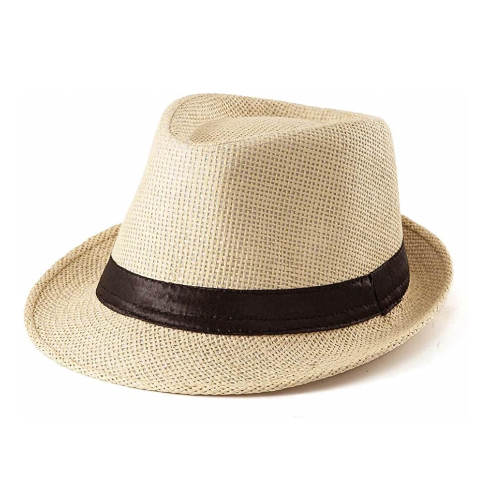 6493 Straw Fedora Hat Panama Hat Short Brim Summer Sun Hat Black Belt-Khaki